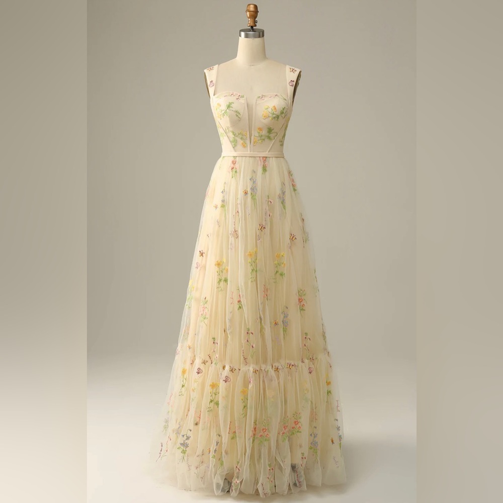 Champagne A-Line Embroidery Prom Dress